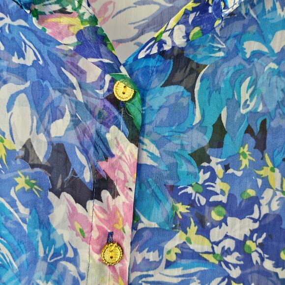 Top Lapis sheer floral blue green yellow print sleeveless button up blouse Large - Picture 8 of 8